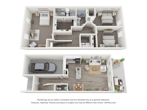 Two floor plan images of a house with a kitchen, living room, bedrooms, and bathrooms.
